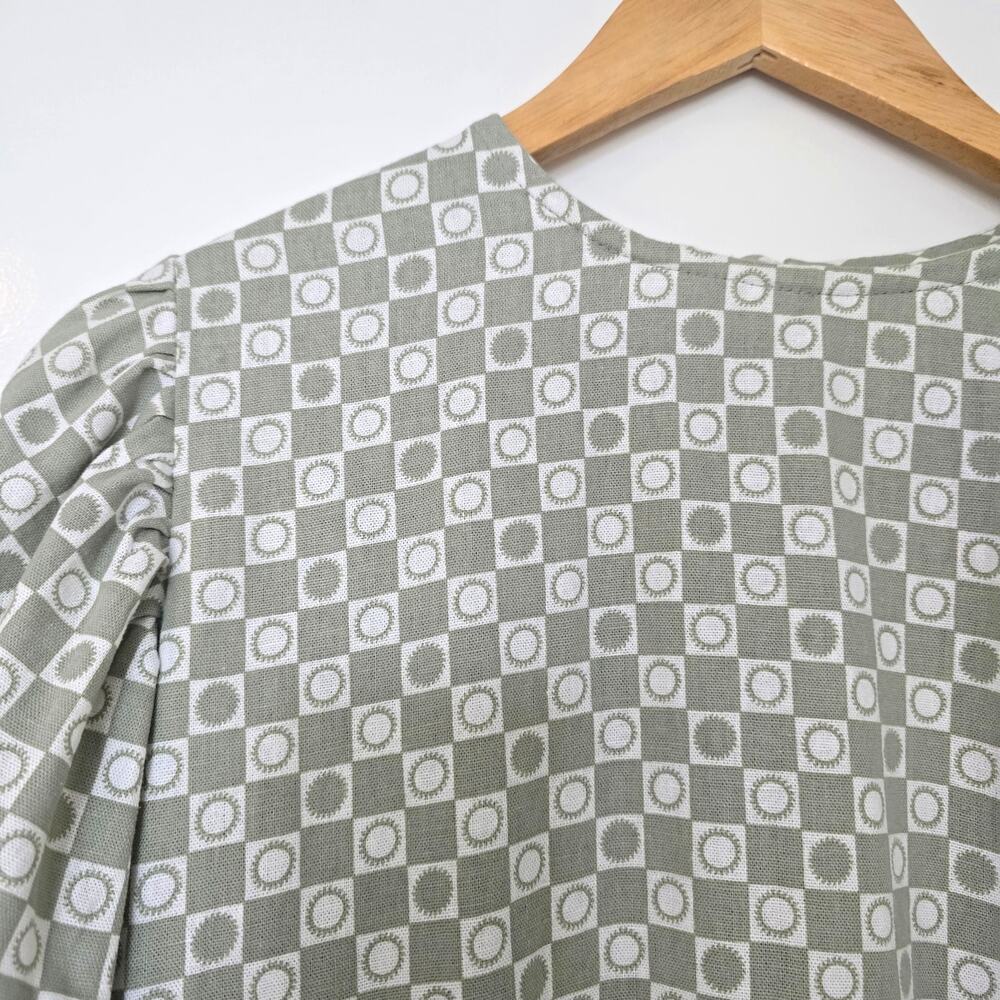 At Dawn Oahu Puff Sleeve Tunic Dress Size S Sage Green Linen Blend Geometric - Picture 2 of 9